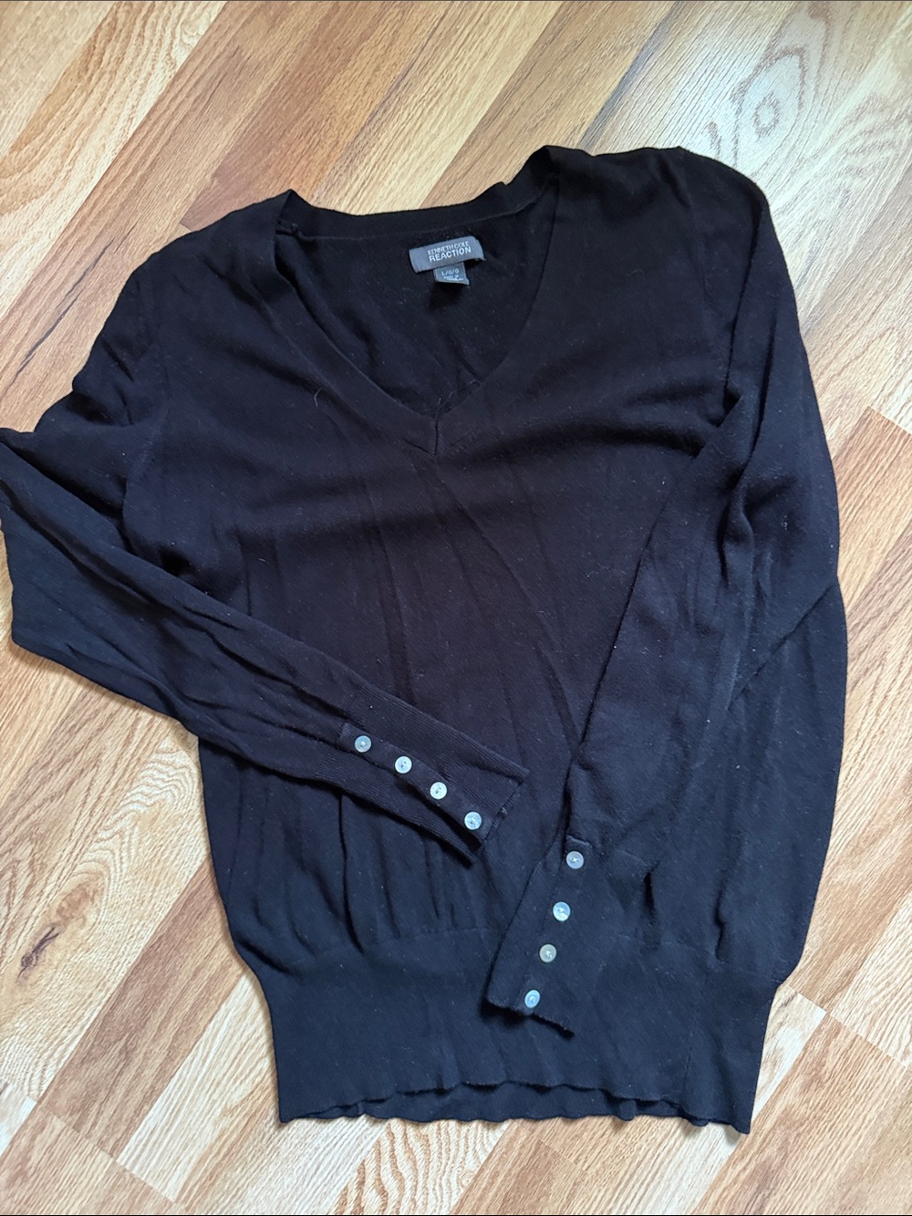 Kenneth Cole Reaction Black V-Neck Sweater with Button Cuffs